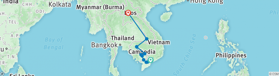 Image of a map showing the route of the tour