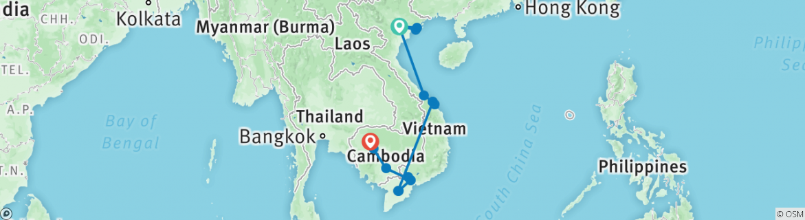 Image of a map showing the route of the tour