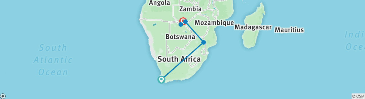 Image of a map showing the route of the tour