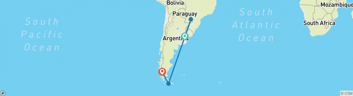 Image of a map showing the route of the tour