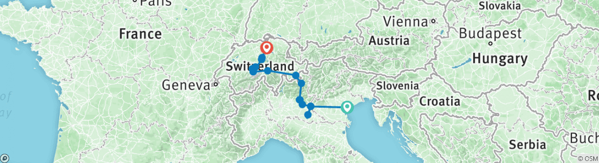 Image of a map showing the route of the tour