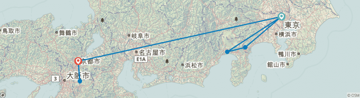 Image of a map showing the route of the tour