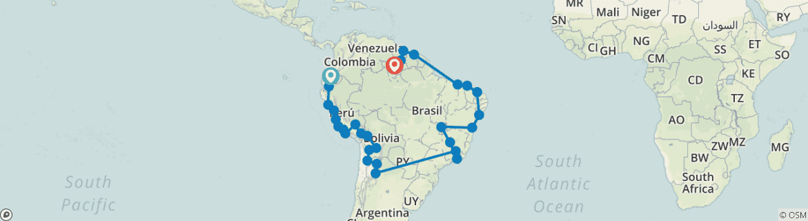 Image of a map showing the route of the tour