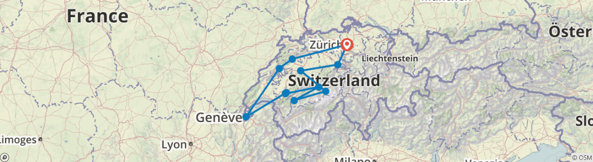 Image of a map showing the route of the tour