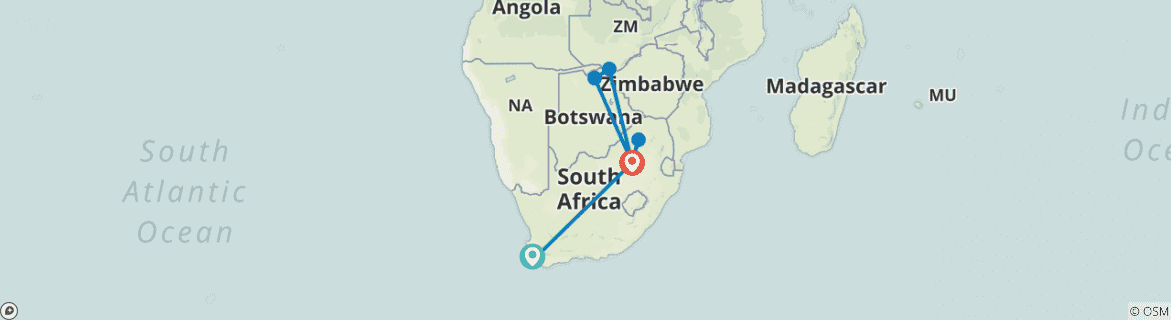 Image of a map showing the route of the tour