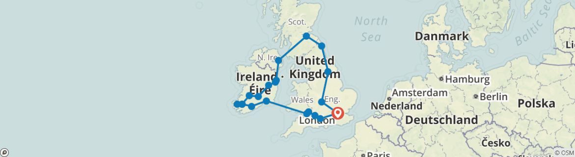 Image of a map showing the route of the tour