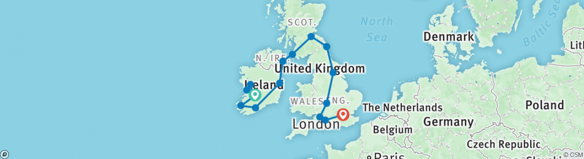 Image of a map showing the route of the tour