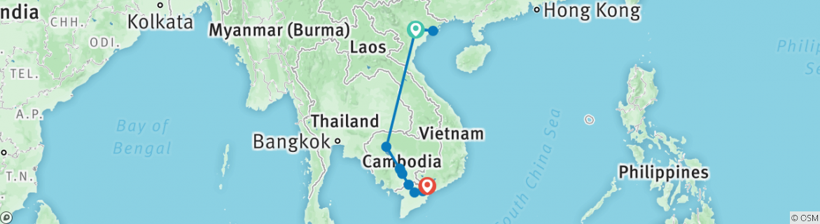 Image of a map showing the route of the tour