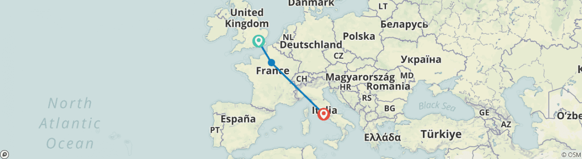 Image of a map showing the route of the tour