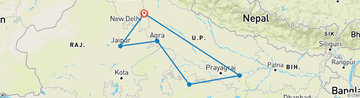 Image of a map showing the route of the tour
