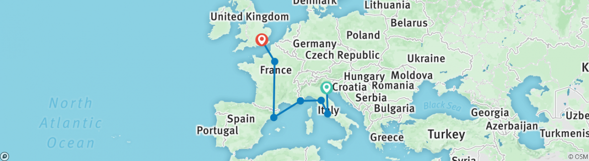 Image of a map showing the route of the tour