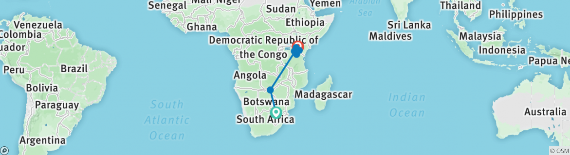 Image of a map showing the route of the tour