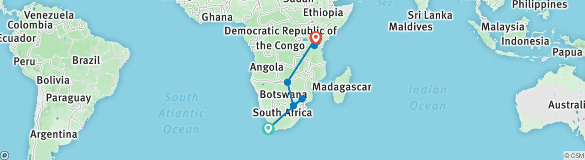 Image of a map showing the route of the tour