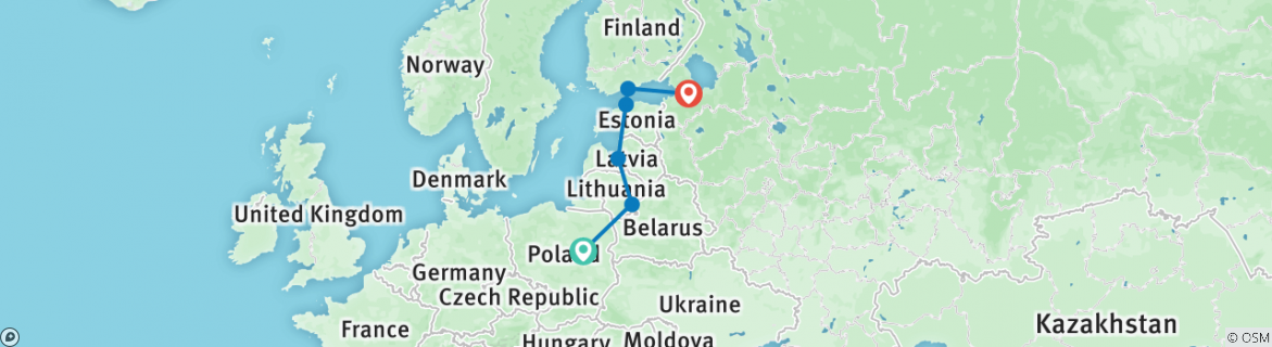 Image of a map showing the route of the tour