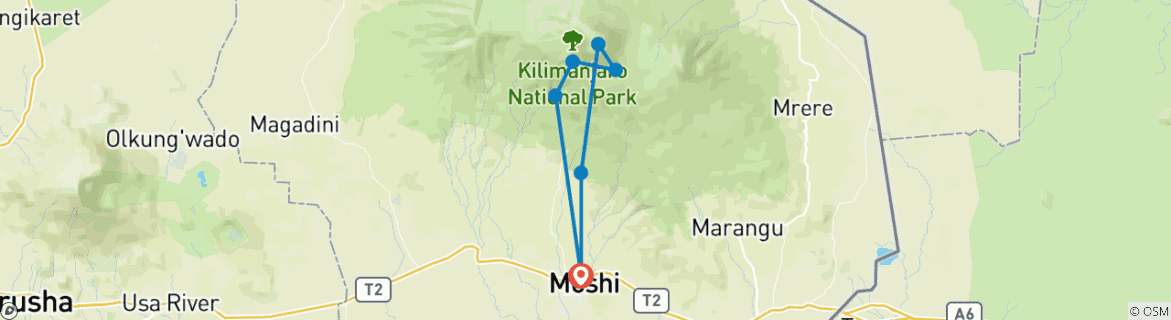 Mapa de Ascensión a la ruta Umbwe del Kilimanjaro - Opciones privadas disponibles