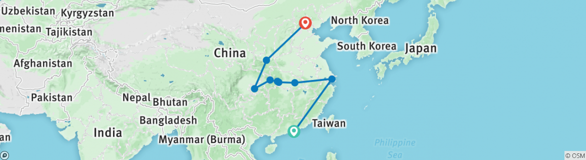 Image of a map showing the route of the tour