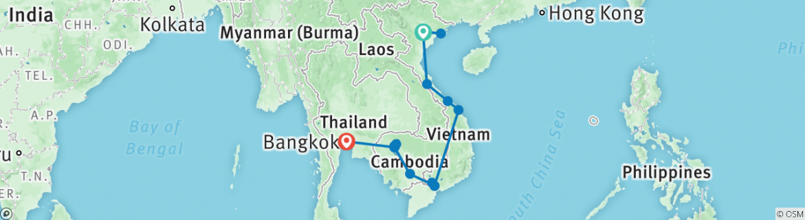 Image of a map showing the route of the tour