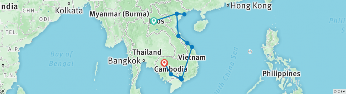 Image of a map showing the route of the tour
