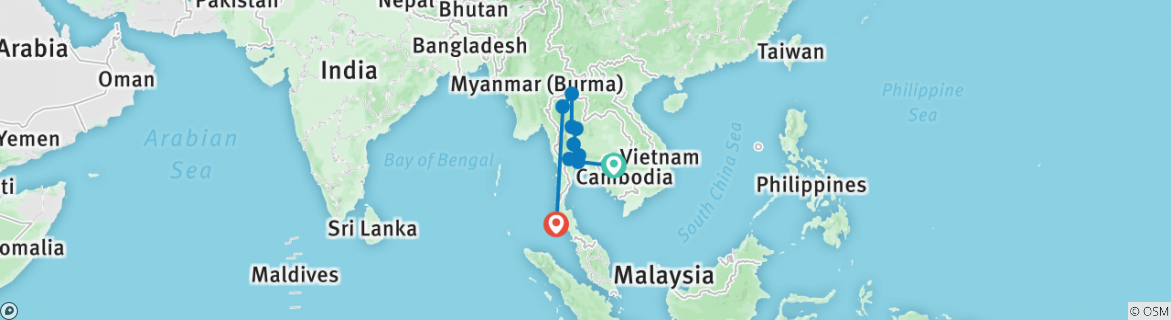 Image of a map showing the route of the tour
