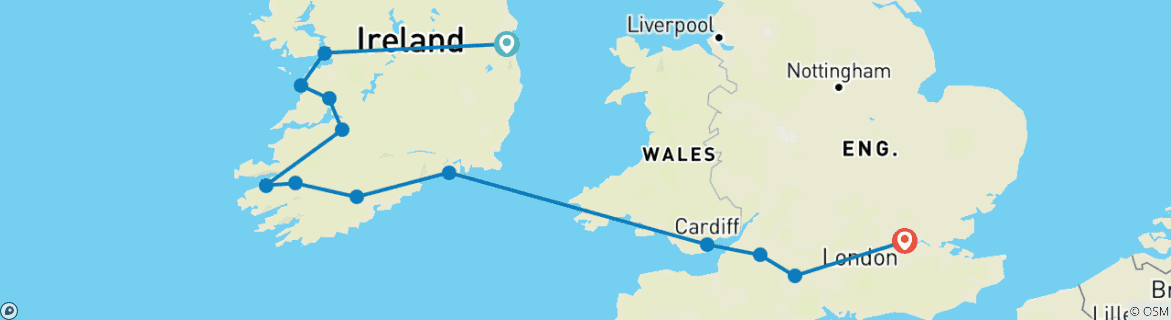 Image of a map showing the route of the tour
