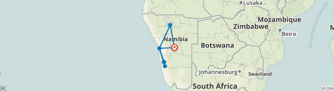 Image of a map showing the route of the tour