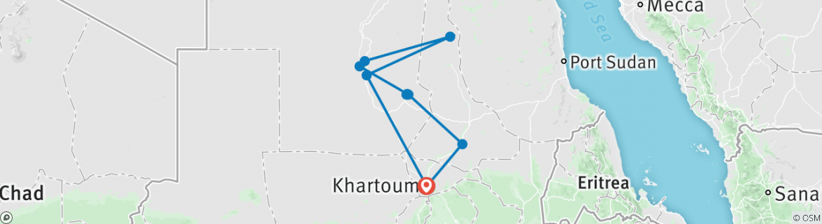 Image of a map showing the route of the tour