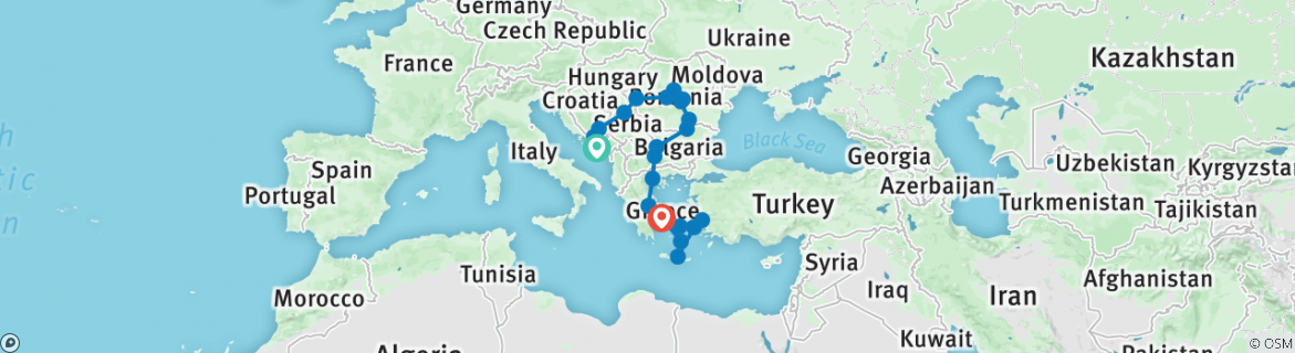Image of a map showing the route of the tour