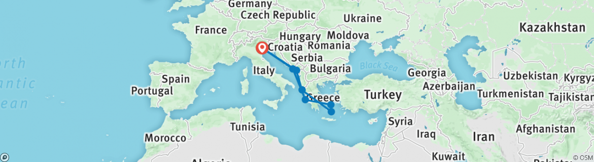 Image of a map showing the route of the tour