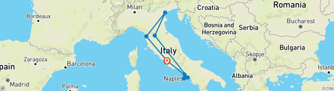 Image of a map showing the route of the tour