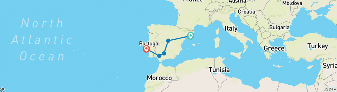 Image of a map showing the route of the tour