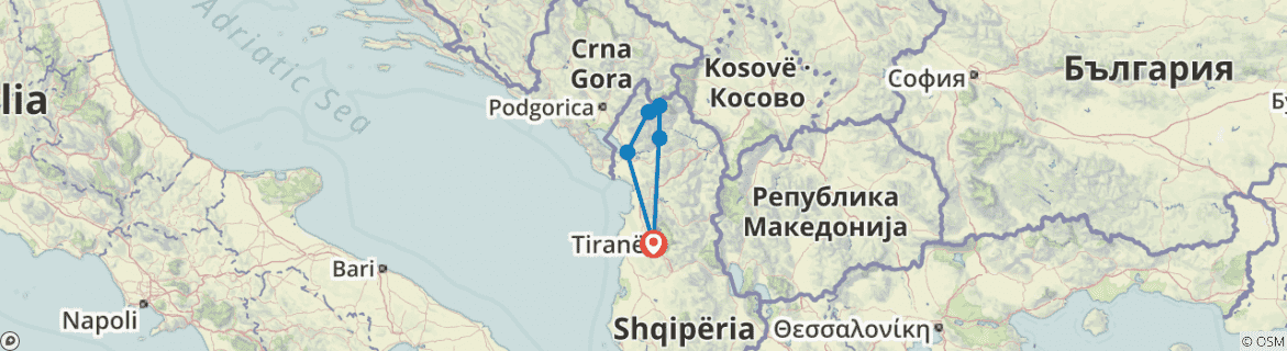Image of a map showing the route of the tour