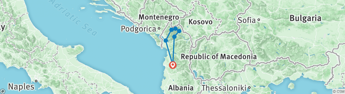 Image of a map showing the route of the tour