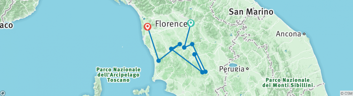 Image of a map showing the route of the tour