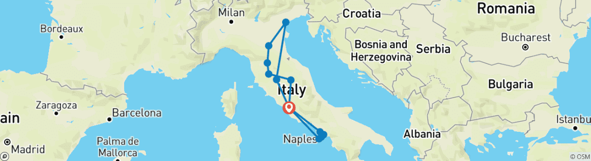 Image of a map showing the route of the tour