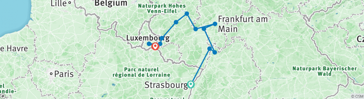 Image of a map showing the route of the tour