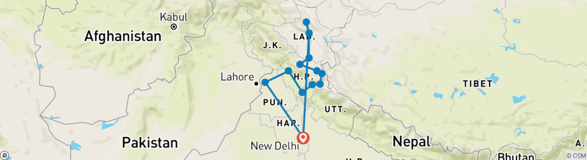 Image of a map showing the route of the tour