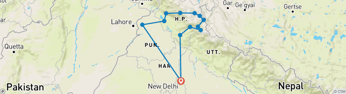 Image of a map showing the route of the tour