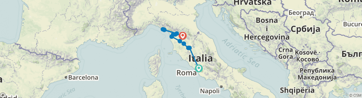 Image of a map showing the route of the tour
