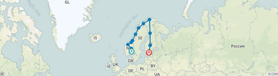 Image of a map showing the route of the tour