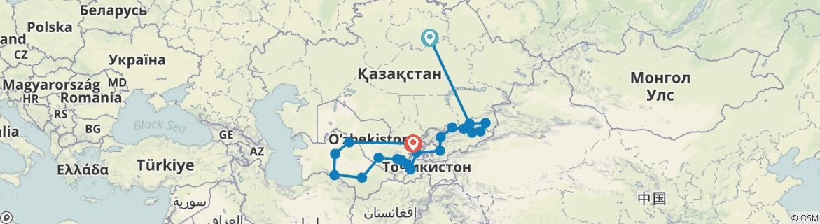 Image of a map showing the route of the tour