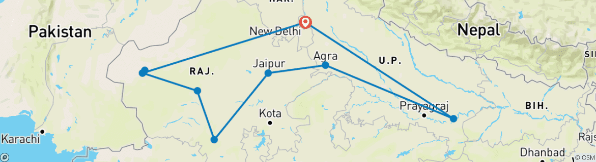 Image of a map showing the route of the tour