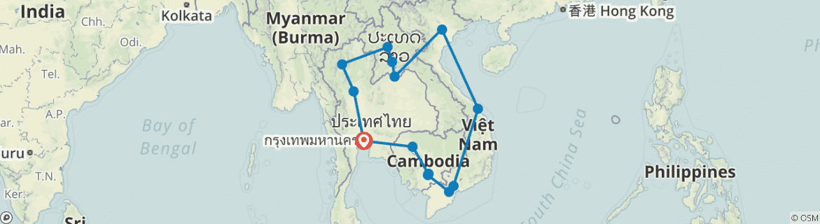 Image of a map showing the route of the tour