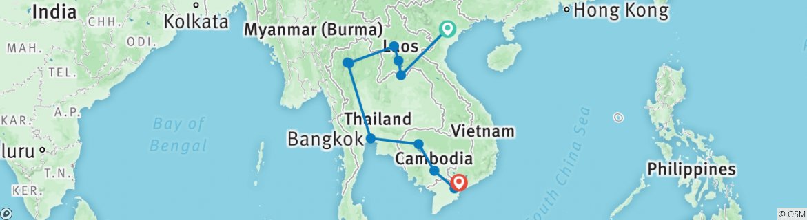 Image of a map showing the route of the tour