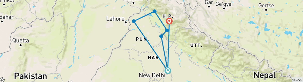 Image of a map showing the route of the tour