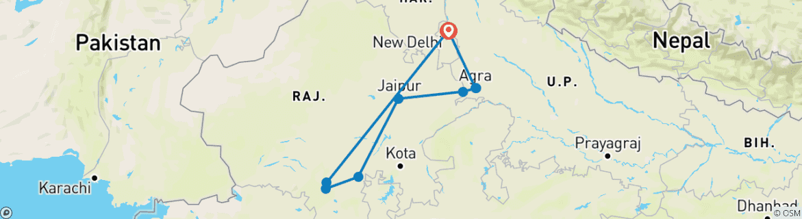 Image of a map showing the route of the tour