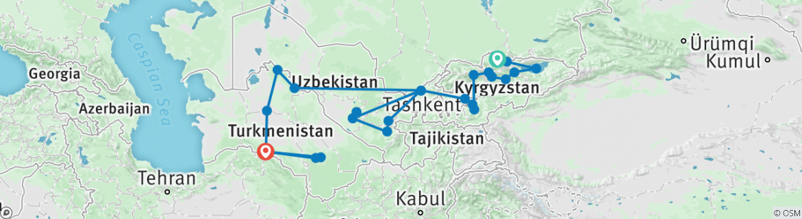 Image of a map showing the route of the tour