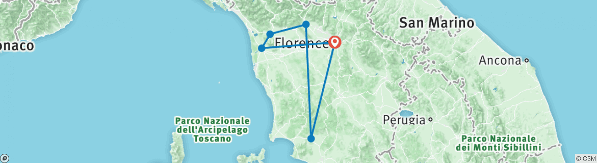 Image of a map showing the route of the tour