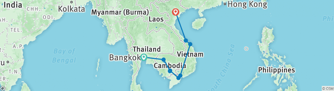 Image of a map showing the route of the tour