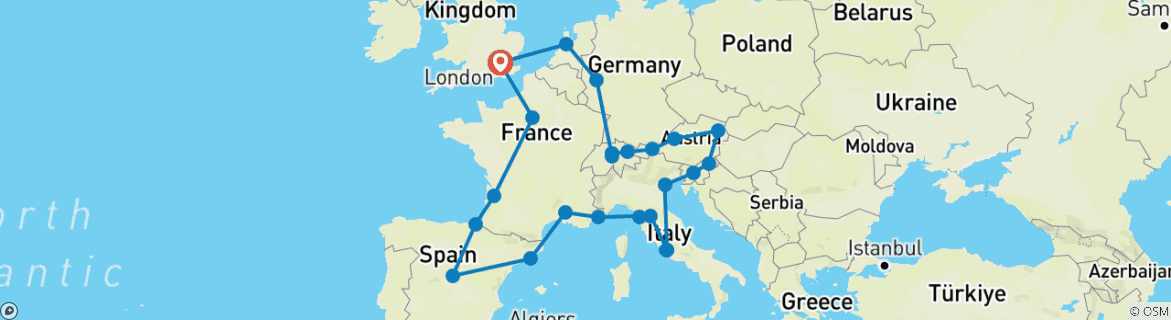 Image of a map showing the route of the tour