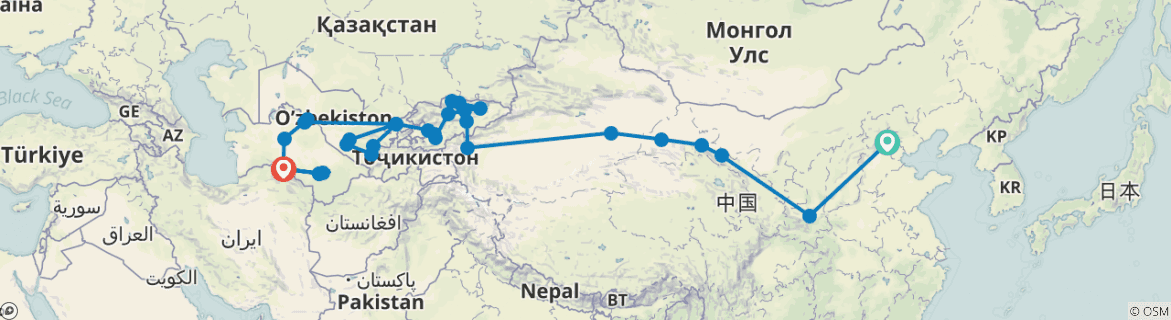 Image of a map showing the route of the tour